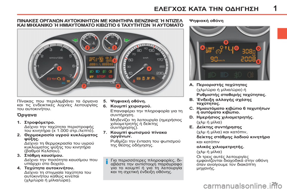 Peugeot 308 SW BL 2011  Εγχειρίδιο χρήσης (in Greek) 1
i
25
ΕΛΕΓΧΟΣ ΚΑΤΑ ΤΗΝ ΟΔΗΓΗΣΗ
ΠΙΝΑΚΕΣ ΟΡΓΑΝΩΝ ΑΥΤΟΚΙΝΗΤΩΝ ΜΕ ΚΙΝΗΤΗΡΑ ΒΕΝΖΙΝΗΣ Ή ΝΤΙΖΕΛ ΚΑΙ ΜΗΧΑΝΙΚΟ Ή ΗΜΙΑΥΤ