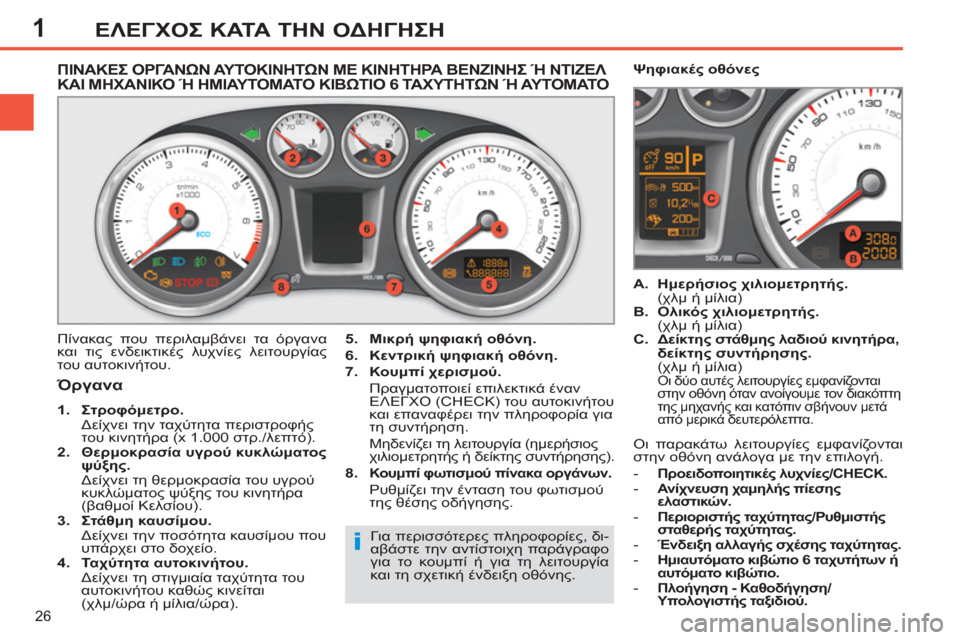 Peugeot 308 SW BL 2011  Εγχειρίδιο χρήσης (in Greek) 1
i
26
ΕΛΕΓΧΟΣ ΚΑΤΑ ΤΗΝ ΟΔΗΓΗΣΗ
 
 
 
 
 
 
 
 
 
 
 
 
 
ΠΙΝΑΚΕΣ ΟΡΓΑΝΩΝ ΑΥΤΟΚΙΝΗΤΩΝ ΜΕ ΚΙΝΗΤΗΡΑ ΒΕΝΖΙΝΗΣ Ή ΝΤΙΖΕΛ ΚΑΙ ΜΗΧ