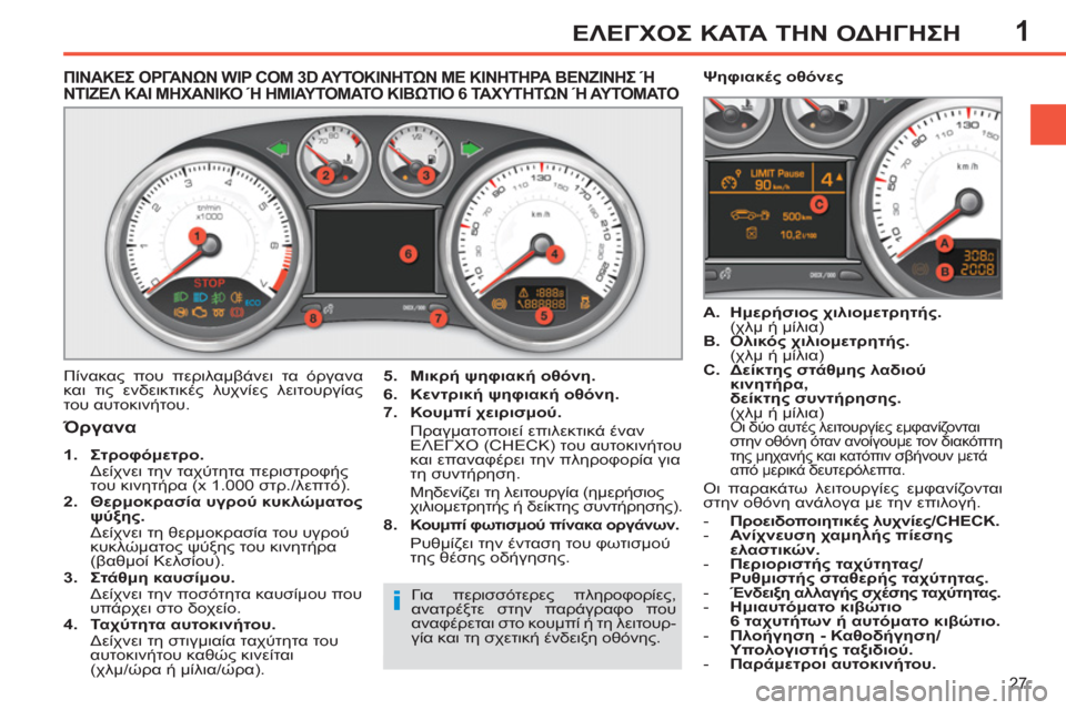 Peugeot 308 SW BL 2011  Εγχειρίδιο χρήσης (in Greek) 1
i
27
ΕΛΕΓΧΟΣ ΚΑΤΑ ΤΗΝ ΟΔΗΓΗΣΗ
 
 
 
 
 
 
 
 
 
 
 
 
 
ΠΙΝΑΚΕΣ ΟΡΓΑΝΩΝ WIP COM 3D ΑΥΤΟΚΙΝΗΤΩΝ ΜΕ ΚΙΝΗΤΗΡΑ ΒΕΝΖΙΝΗΣ Ή
ΝΤΙΖΕΛ Κ