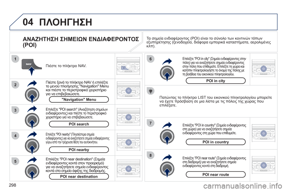 Peugeot 308 SW BL 2011 Εγχειρίδιο χρήσης (in Greek) 298
04
8
6
7
4
3
5
2
1
ΠΛΟΗΓΗΣΗ
ΑΝΑΖΗΤΗΣΗ ΣΗΜΕΙΩΝ ΕΝΔΙΑΦΕΡΟΝΤΟΣ
(POI)
Πιέστε το πλήκτρο NAV.
Πιέστε
ξανά το πλήκτρ Peugeot 308 SW BL 2011 Εγχειρίδιο χρήσης (in Greek) 298
04
8
6
7
4
3
5
2
1
ΠΛΟΗΓΗΣΗ
ΑΝΑΖΗΤΗΣΗ ΣΗΜΕΙΩΝ ΕΝΔΙΑΦΕΡΟΝΤΟΣ
(POI)
Πιέστε το πλήκτρο NAV.
Πιέστε
ξανά το πλήκτρ