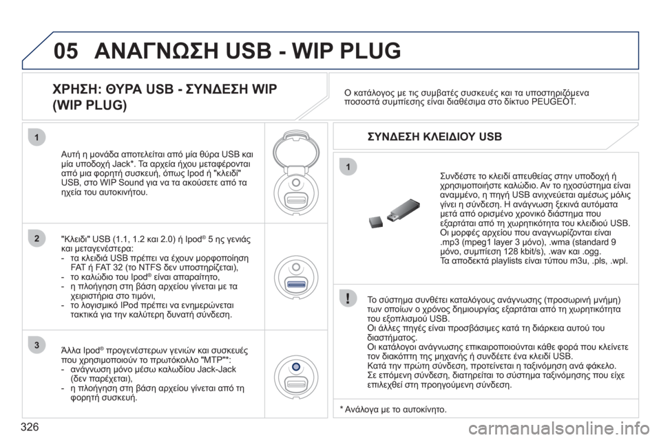 Peugeot 308 SW BL 2011  Εγχειρίδιο χρήσης (in Greek) 326
05
1
1
2
3
ΑΝΑΓΝΩΣΗ USB - WIP PLUG
 
 
Το σύστημα συνθέτει καταλόγους ανάγνωσης (προσωρινή μνήμη)2& οποίων ο χρόνος δη