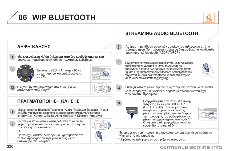 Peugeot 308 SW BL 2011 Εγχειρίδιο χρήσης (in Greek) 330
06
2
1
2
2
3
ΛΗΨΗ ΚΛΗΣΗΣ
επάλληλο παράθυρο στην οθόνη πολλαπλών ενδείξεων. Συγχρονίστε το τηλέφωνο και το αυ Peugeot 308 SW BL 2011 Εγχειρίδιο χρήσης (in Greek) 330
06
2
1
2
2
3
ΛΗΨΗ ΚΛΗΣΗΣ
επάλληλο παράθυρο στην οθόνη πολλαπλών ενδείξεων. Συγχρονίστε το τηλέφωνο και το αυ