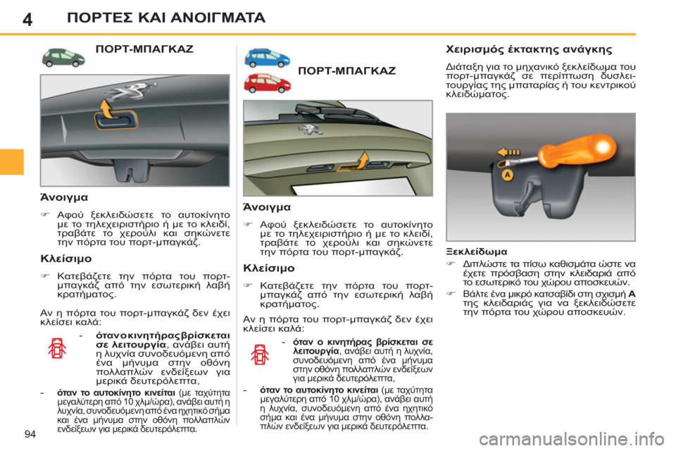 Peugeot 308 SW BL 2011  Εγχειρίδιο χρήσης (in Greek) 4
94
ΠΟΡΤΕΣ ΚΑΙ ΑΝΟΙΓΜΑΤΑ
ΠΟΡΤ-ΜΠΑΓΚΑΖ 
   
Άνοιγμα 
 
 
 
�) 
 Αφού ξεκλειδώσετε το αυτοκίνητο 
με το τηλεχειριστήρι
