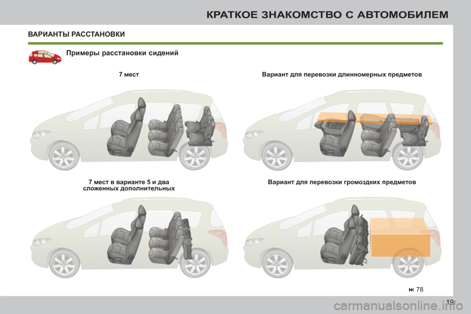 Peugeot 308 SW BL 2011  Инструкция по эксплуатации (in Russian) 19
КРАТКОЕ ЗНАКОМСТВО С АВТОМОБИЛЕМ
 
ВАРИАНТЫ РАССТАНОВКИ
   
Примеры расстановки сидений 
 
 
7 мест 
 
   
7 мест в