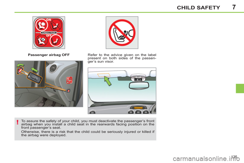 Peugeot 308 SW BL 2011  Owners Manual - RHD (UK, Australia) 7
!
125
CHILD SAFETY
   
 
Passenger airbag OFF   
 
Refer to the advice given on the label 
present on both sides of the passen-
ger’s sun visor.  
   
To assure the safety of your child, you must 