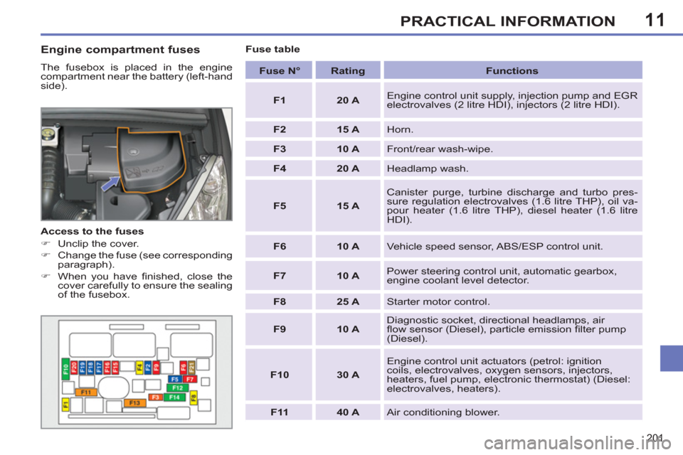 Peugeot 308 SW BL 2011  Owners Manual - RHD (UK, Australia) 11
201
PRACTICAL INFORMATION
   
Engine compartment fuses 
 
The fusebox is placed in the engine 
compartment near the battery (left-hand 
side). 
   
Access to the fuses 
   
 
�) 
  Unclip the cover