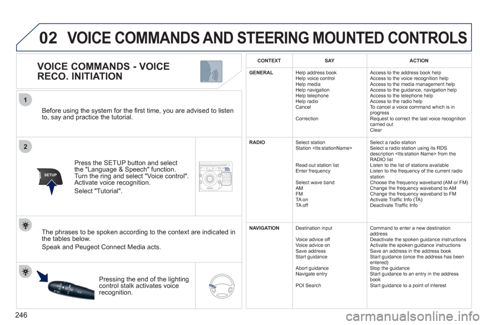Peugeot 308 SW BL 2011  Owners Manual - RHD (UK, Australia) 246
2ABC3DEF5JKL4GHI6MNO8TUV7PQRS9WXYZ0*#
1NAV ESC TRAFFICADDR
BOOKSETUP
02
2
1
SETUP
   
Before using the system for the ﬁ rst time, you are advised to listen 
to, say and practice the tutorial.  
