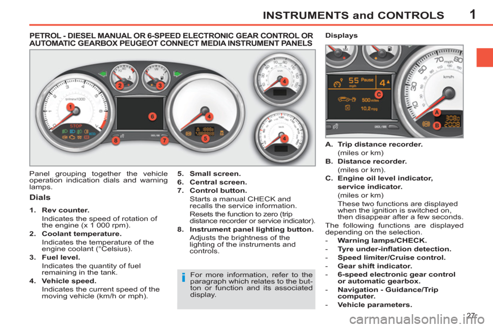 Peugeot 308 SW BL 2011  Owners Manual - RHD (UK, Australia) 1
i
27
INSTRUMENTS and CONTROLS
   
 
 
 
 
 
 
 
 
 
 
 
PETROL - DIESEL MANUAL OR 6-SPEED ELECTRONIC GEAR CONTROL OR 
AUTOMATIC GEARBOX PEUGEOT CONNECT MEDIA INSTRUMENT PANELS
   
Dials 
 
 
 
1. 
 