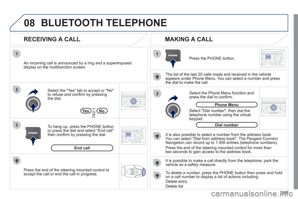 Peugeot 308 SW BL 2011 Owners Manual - RHD (UK, Australia) 309
08
1
3 2
2 1
Select the "Yes" tab to accept or "No"
to refuse and confi rm by pressing
the dial.
RECEIVING A CALL
MAKING A CALL
An incoming call is announced by a ring and a su Peugeot 308 SW BL 2011 Owners Manual - RHD (UK, Australia) 309
08
1
3 2
2 1
Select the "Yes" tab to accept or "No"
to refuse and confi rm by pressing
the dial.
RECEIVING A CALL
MAKING A CALL
An incoming call is announced by a ring and a su