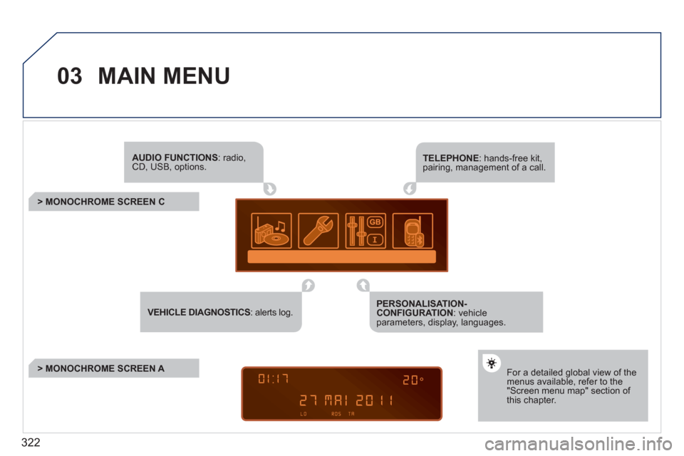 Peugeot 308 SW BL 2011  Owners Manual - RHD (UK, Australia) 322
03  MAIN MENU 
 
 
AUDIO FUNCTIONS 
: radio, 
CD, USB, options. 
   
 
 
 
 
 
 
 
> MONOCHROME SCREEN C 
   
 
 
 
 
 
 
 
 
 
> MONOCHROME SCREEN A  
 
   
For a detailed global view of the 
men