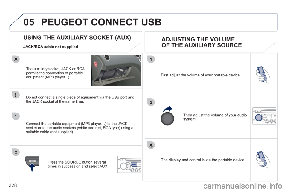 Peugeot 308 SW BL 2011 Owners Manual - RHD (UK, Australia) 328
05
1
2
1
2
The display and control is via the portable device. First adjust the volume of your portable device.
Then adjust the volume of your audio
system.
US Peugeot 308 SW BL 2011 Owners Manual - RHD (UK, Australia) 328
05
1
2
1
2
The display and control is via the portable device. First adjust the volume of your portable device.
Then adjust the volume of your audio
system.
US