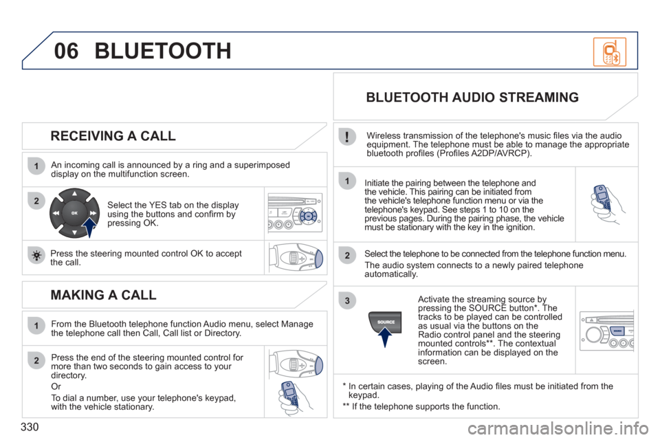 Peugeot 308 SW BL 2011  Owners Manual - RHD (UK, Australia) 330
06
1
2
1
2
1
2
3
   
RECEIVING A CALL 
 
 
An incoming call is announced by a ring and a superimposed 
display on the multifunction screen.  
   
Initiate the pairing between the telephone and 
th