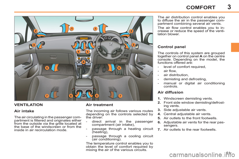 Peugeot 308 SW BL 2011 - RHD (UK, Australia) Repair Manual 3
61
COMFORT
VENTILATION
Air treatment
The incoming air follows various routes
depending on the controls selected by
the driver:
- direct arrival in the passenger
Peugeot 308 SW BL 2011 - RHD (UK, Australia) Repair Manual 3
61
COMFORT
VENTILATION
Air treatment
The incoming air follows various routes
depending on the controls selected by
the driver:
- direct arrival in the passenger