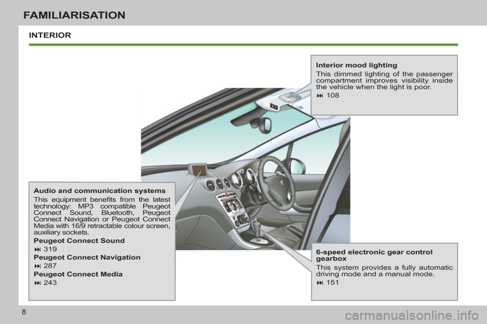 Peugeot 308 SW BL 2011  Owners Manual - RHD (UK, Australia) 8
FAMILIARISATION
  INTERIOR  
 
 
Interior mood lighting 
  This dimmed lighting of the passenger 
compartment improves visibility inside 
the vehicle when the light is poor. 
   
 
� 
 108  
 
   
