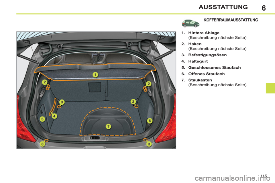 Peugeot 308 SW BL 2011  Betriebsanleitung (in German) 6
11 5
AUSSTATTUNG
   
 
 
 
 
 
 
 
 
 
 
 
 
 
 
 
KOFFERRAUMAUSSTATTUNG 
 
 
 
 
1. 
  Hintere Ablage 
 
 
  (Beschreibung nächste Seite) 
   
2. 
  Haken 
 
 
  (Beschreibung nächste Seite) 
   