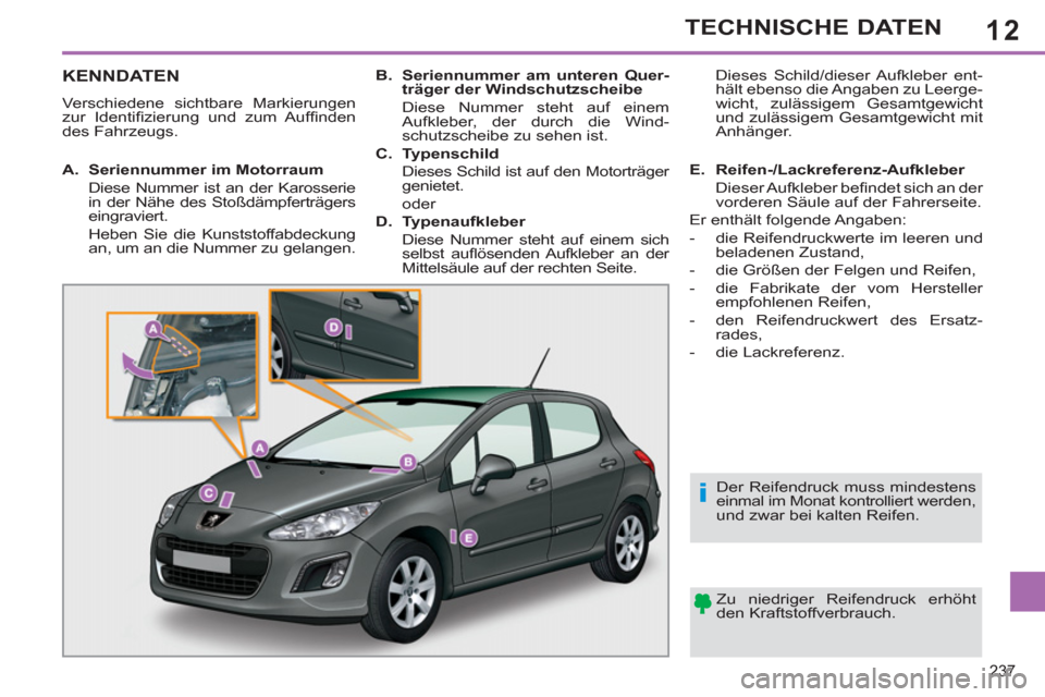 Peugeot 308 SW BL 2011 Betriebsanleitung (in German) 12
i
237
TECHNISCHE DATEN
KENNDATEN
Verschiedene sichtbare Markierungen
zur Identifi zierung und zum Auffi nden
des Fahrzeugs.
Zu niedr Peugeot 308 SW BL 2011 Betriebsanleitung (in German) 12
i
237
TECHNISCHE DATEN
KENNDATEN
Verschiedene sichtbare Markierungen
zur Identifi zierung und zum Auffi nden
des Fahrzeugs.
Zu niedr