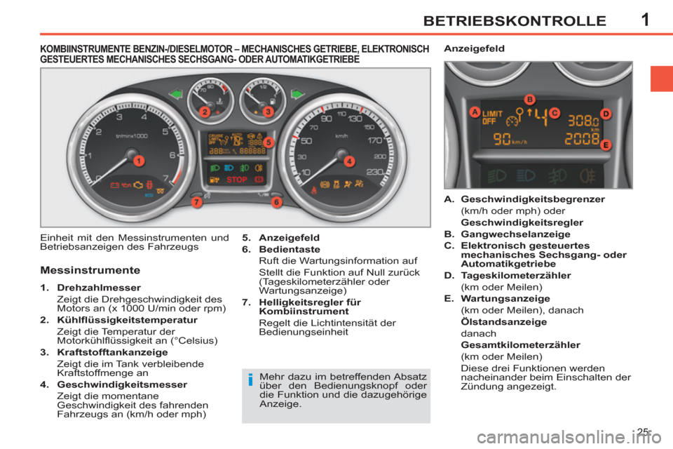 Peugeot 308 SW BL 2011  Betriebsanleitung (in German) 1
i
25
BETRIEBSKONTROLLE
   
 
 
 
 
 
 
 
 
 
 
 
 
 
 
 
 
KOMBIINSTRUMENTE BENZIN-/DIESELMOTOR – MECHANISCHES GETRIEBE, ELEKTRONISCH 
GESTEUERTES MECHANISCHES SECHSGANG- ODER AUTOMATIKGETRIEBE 
 