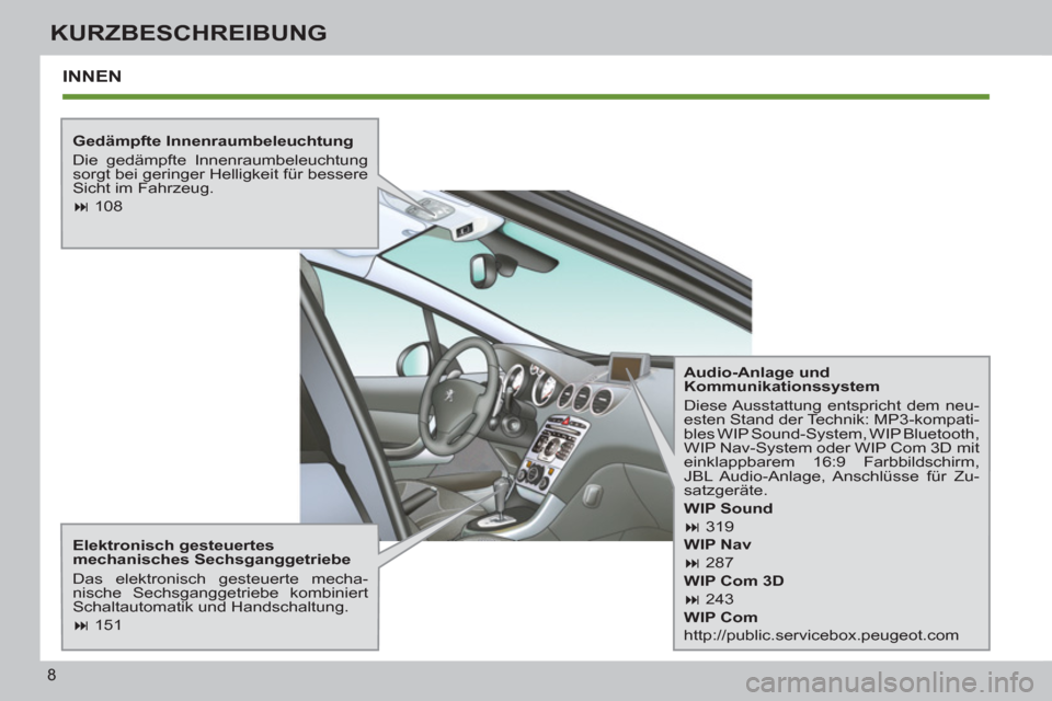 Peugeot 308 SW BL 2011  Betriebsanleitung (in German) 8
KURZBESCHREIBUNG
  INNEN  
 
 
Gedämpfte Innenraumbeleuchtung 
  Die gedämpfte Innenraumbeleuchtung 
sorgt bei geringer Helligkeit für bessere 
Sicht im Fahrzeug. 
   
 
� 
 108  
 
   
Elektron