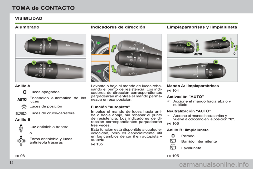 Peugeot 308 SW BL 2011  Manual del propietario (in Spanish) 14
TOMA de CONTACTO
  VISIBILIDAD 
 
 
Alumbrado 
 
 
Anillo A 
   
Anillo B   Levante o baje el mando de luces reba-
sando el punto de resistencia. Los indi-
cadores de dirección correspondientes 
p