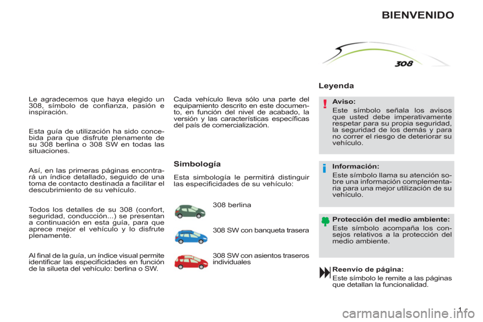 Peugeot 308 SW BL 2011  Manual del propietario (in Spanish) !
i
1
  Le agradecemos que haya elegido un 
308, símbolo de conﬁ anza, pasión e 
inspiración. 
   
Reenvío de página: 
  Este símbolo le remite a las páginas 
que detallan la funcionalidad.  