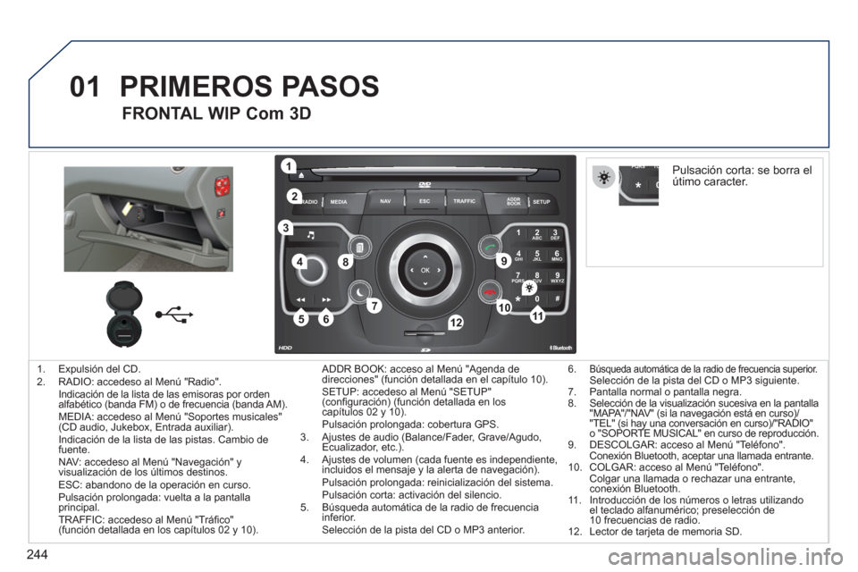 Peugeot 308 SW BL 2011  Manual del propietario (in Spanish) 244
01
2ABC3DEF
5JKL4GHI6MNO
8TUV7PQRS9WXYZ
0*#
1
RADIO MEDIANAV ESC TRAFFIC
SETUPADDR
BOOK
1
10
2
3
4
612
9
7
8
115
TU PQRS
0*
   
 
1.   Expulsión del CD. 
   
2.   RADIO: accedeso al Menú "Radio"