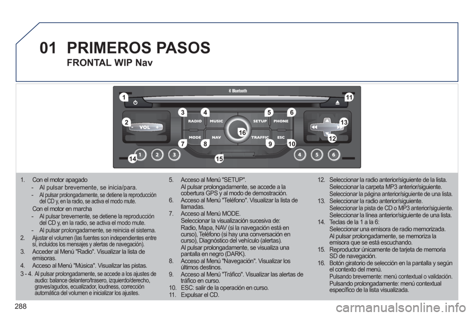 Peugeot 308 SW BL 2011 Manual del propietario (in Spanish) 288
01
1
5
10 234 6
1311
9
14 157812 16
1. Con el motor apagado
- Al pulsar brevemente, se inicia/para.
-
Al pulsar prolongadamente, se detiene la reproducción
del CD y, en la radio, s Peugeot 308 SW BL 2011 Manual del propietario (in Spanish) 288
01
1
5
10 234 6
1311
9
14 157812 16
1. Con el motor apagado
- Al pulsar brevemente, se inicia/para.
-
Al pulsar prolongadamente, se detiene la reproducción
del CD y, en la radio, s