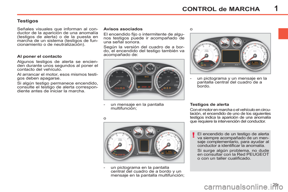 Peugeot 308 SW BL 2011 Manual del propietario (in Spanish) 1
!
29
CONTROL de MARCHA
El encendido de un testigo de alerta
va siempre acompañado de un men-
saje complementario, para ayudar al
conductor a identifi car la anomalía.
Si surge algún probl Peugeot 308 SW BL 2011 Manual del propietario (in Spanish) 1
!
29
CONTROL de MARCHA
El encendido de un testigo de alerta
va siempre acompañado de un men-
saje complementario, para ayudar al
conductor a identifi car la anomalía.
Si surge algún probl