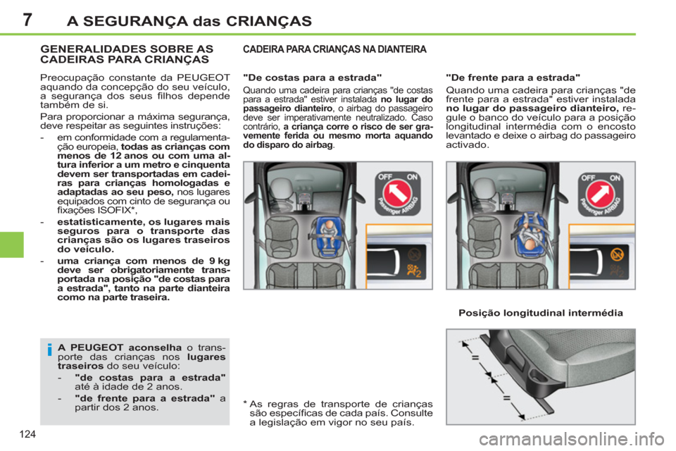 Peugeot 308 SW BL 2011  Manual do proprietário (in Portuguese) 7
i
124
A SEGURANÇA das CRIANÇAS
   
A PEUGEOT aconselha 
 o trans-
porte das crianças nos  lugares 
traseiros 
 do seu veículo: 
   
 
-   "de costas para a estrada" 
 
até à idade de 2 anos. 
