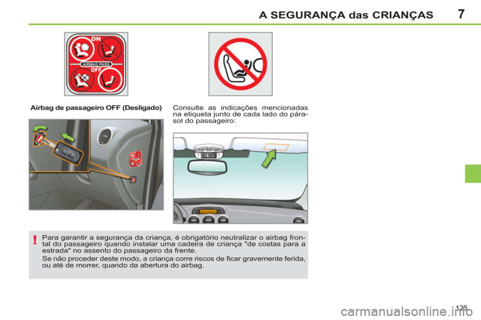 Peugeot 308 SW BL 2011  Manual do proprietário (in Portuguese) 7
!
125
A SEGURANÇA das CRIANÇAS
   
 
Airbag de passageiro OFF (Desligado)   
 
Consulte as indicações mencionadas 
na etiqueta junto de cada lado do pára-
sol do passageiro:  
   
Para garantir