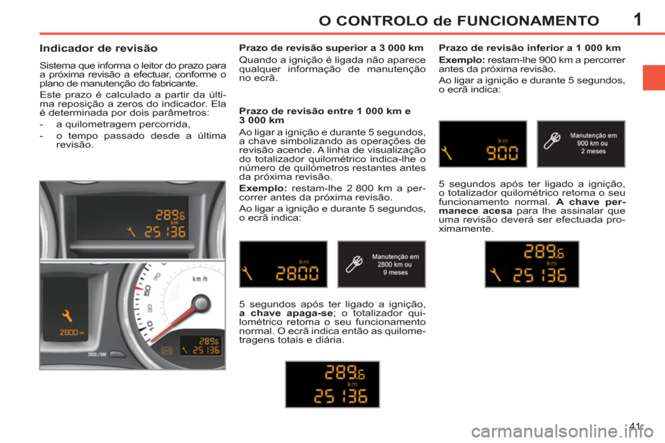 Peugeot 308 SW BL 2011  Manual do proprietário (in Portuguese) 1
41
O CONTROLO de FUNCIONAMENTO
   
 
 
 
 
 
Indicador de revisão 
 
Sistema que informa o leitor do prazo para 
a próxima revisão a efectuar, conforme o 
plano de manutenção do fabricante. 
  
