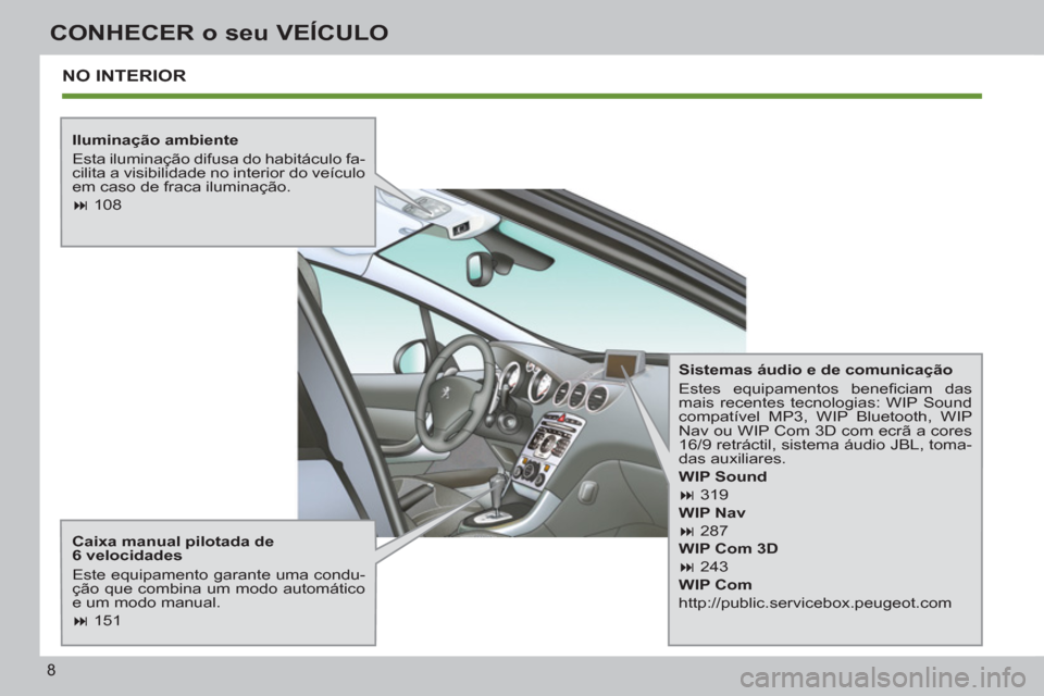 Peugeot 308 SW BL 2011  Manual do proprietário (in Portuguese) 8
CONHECER o seu VEÍCULO
  NO INTERIOR  
 
 
Iluminação ambiente 
  Esta iluminação difusa do habitáculo fa-
cilita a visibilidade no interior do veículo 
em caso de fraca iluminação. 
   
 
