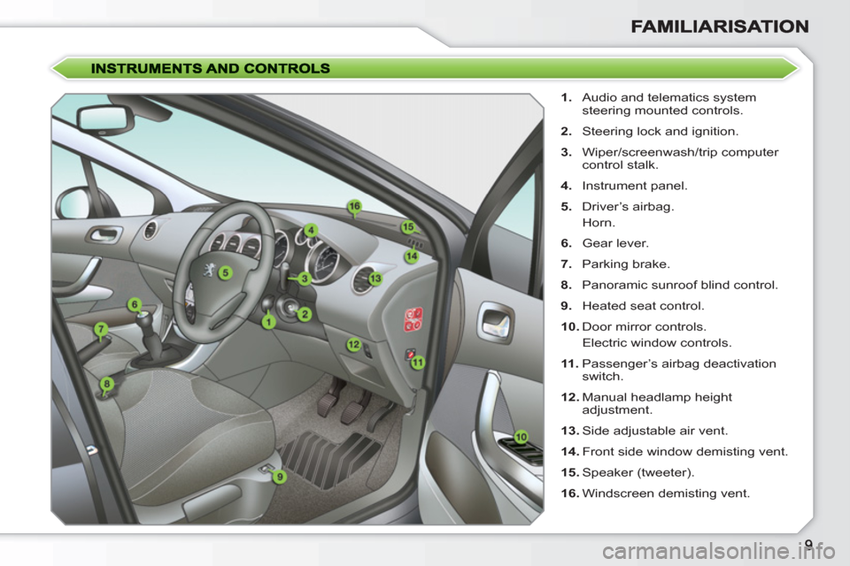 Peugeot 308 SW BL 2010.5  Owners Manual - RHD (UK, Australia)    
 
1. 
  Audio and telematics system 
steering mounted controls. 
   
2. 
  Steering lock and ignition. 
   
3. 
 Wiper/screenwash/trip computer 
control stalk. 
   
4. 
 Instrument panel. 
   
5. 