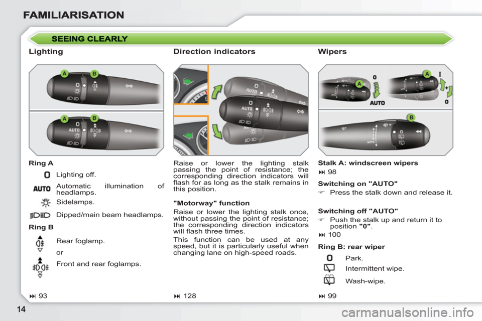 Peugeot 308 SW BL 2010.5   - RHD (UK. Australia) User Guide    
Lighting 
 
 
Ring A 
   
Ring B   Raise or lower the lighting stalk 
passing the point of resistance; the 
corresponding direction indicators will 
ﬂ ash for as long as the stalk remains in 
th