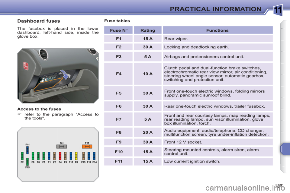 Peugeot 308 SW BL 2010.5  Owners Manual - RHD (UK, Australia) 1
187
PRACTICAL INFORMATION
   
Dashboard fuses 
 
The fusebox is placed in the lower 
dashboard, left-hand side, inside the 
glove box. 
   
Access to the fuses 
   
 
�) 
  refer to the paragraph "A