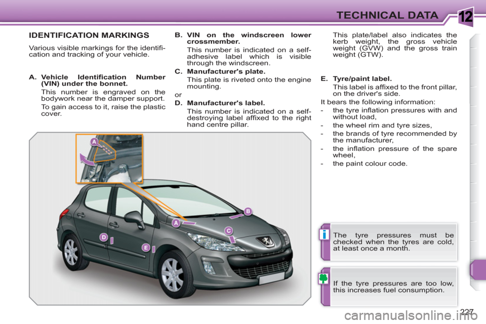 Peugeot 308 SW BL 2010.5 Owners Manual - RHD (UK. Australia) 1
i
227
TECHNICAL DATA
IDENTIFICATION MARKINGS
Various visible markings for the identifi -
cation and tracking of your vehicle.
If the tyre pressures are too low,
this increases fuel consumpt Peugeot 308 SW BL 2010.5 Owners Manual - RHD (UK. Australia) 1
i
227
TECHNICAL DATA
IDENTIFICATION MARKINGS
Various visible markings for the identifi -
cation and tracking of your vehicle.
If the tyre pressures are too low,
this increases fuel consumpt