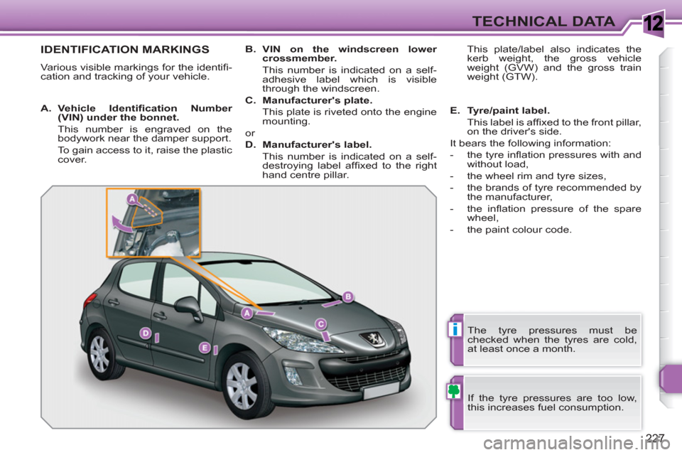 Peugeot 308 SW BL 2010.5  Owners Manual - RHD (UK, Australia) 1
i
227
TECHNICAL DATA
IDENTIFICATION MARKINGS 
  Various visible markings for the identiﬁ -
cation and tracking of your vehicle.  
  If the tyre pressures are too low, 
this increases fuel consumpt