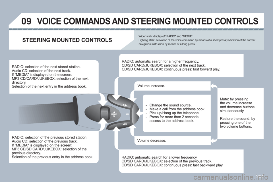 Peugeot 308 SW BL 2010.5  Owners Manual - RHD (UK, Australia) 261
09 VOICE COMMANDS AND STEERING MOUNTED CONTROLS
   
RADIO: selection of the previous stored station. Audio CD: selection of the previous track.  
If "MEDIA" is displayed on the screen:  
MP3 CD/SD