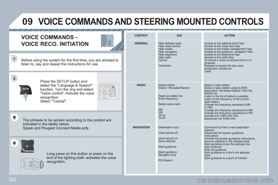 Peugeot 308 SW BL 2010.5  Owners Manual - RHD (UK. Australia) 262
TU PQRS
0*
11
SETUPABCDEF5JKL4GHI68TUV7PQRS90*#
MEDIANAVESCTRAFFICADDRBOOKSETUP
22
09
   
Before using the system for the ﬁ rst time, you are advised tolisten to, say and repeat the instructions