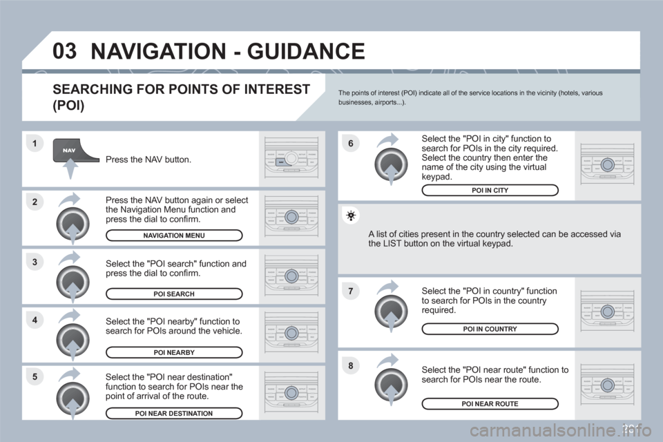 Peugeot 308 SW BL 2010.5   - RHD (UK, Australia) Owners Guide 281
8
6
7
4 3
5 2 1
03NAVIGATION - GUIDANCE 
   
SEARCHING FOR POINTS OF INTEREST
(POI)
Press the NAV button.  
Press the NAV button again or select the Navigation Menu function and press the dial to 