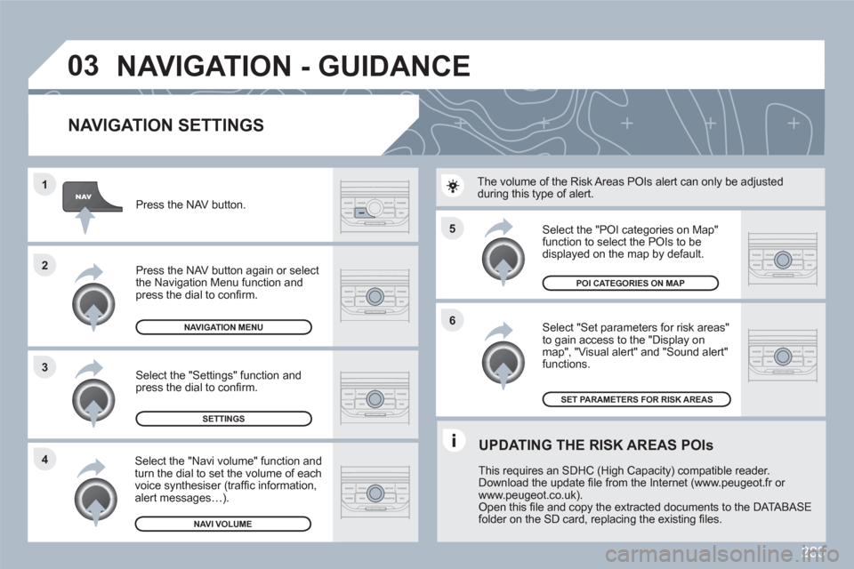 Peugeot 308 SW BL 2010.5 Owners Manual - RHD (UK. Australia) 283
5
6
3 2 1
4
03
NAVIGATION SETTINGS
Select "Set parameters for risk areas" to gain access to the "Display onmap", "Visual alert" and "Sound alert"functions.
Select the "POI categories Peugeot 308 SW BL 2010.5 Owners Manual - RHD (UK. Australia) 283
5
6
3 2 1
4
03
NAVIGATION SETTINGS
Select "Set parameters for risk areas" to gain access to the "Display onmap", "Visual alert" and "Sound alert"functions.
Select the "POI categories