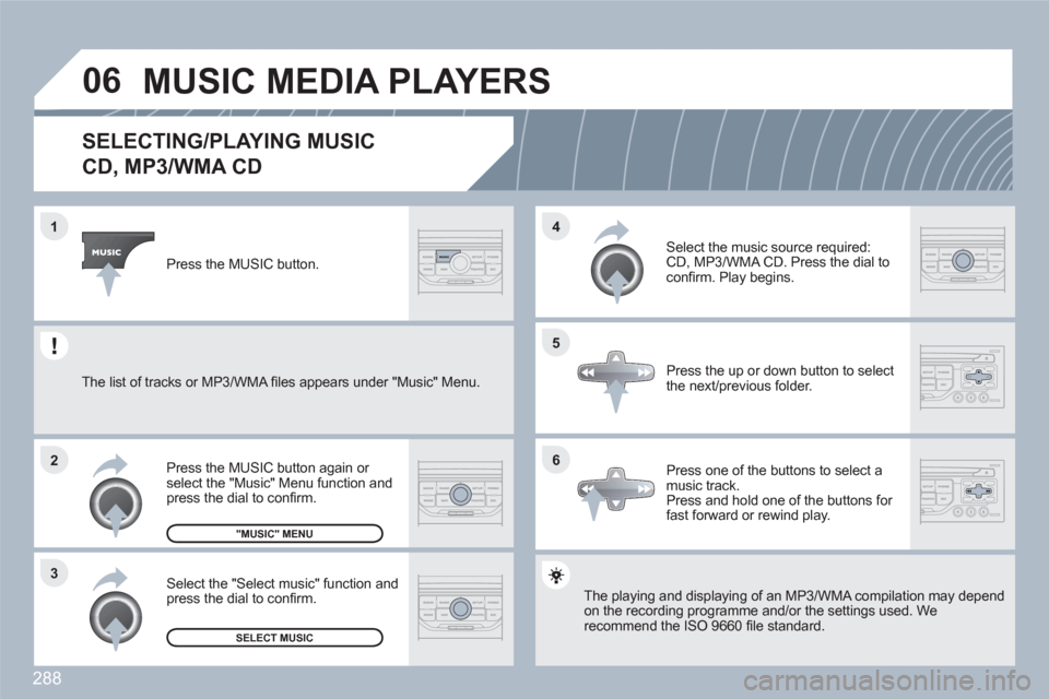 Peugeot 308 SW BL 2010.5 Owners Manual - RHD (UK. Australia) 288
06
6 4
5
3 2 1
SELECTING/PLAYING MUSIC
CD, MP3/WMA CD
The playing and displaying of an MP3/WMA compilatioon may dependon the recording programme and/or the settings used. Werecommend the ISO 96 Peugeot 308 SW BL 2010.5 Owners Manual - RHD (UK. Australia) 288
06
6 4
5
3 2 1
SELECTING/PLAYING MUSIC
CD, MP3/WMA CD
The playing and displaying of an MP3/WMA compilatioon may dependon the recording programme and/or the settings used. Werecommend the ISO 96