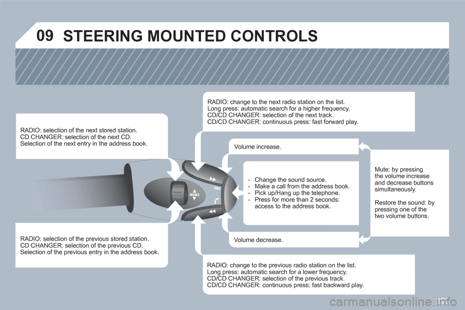 Peugeot 308 SW BL 2010.5  Owners Manual - RHD (UK, Australia) 293
09  STEERING MOUNTED CONTROLS
 
 
RADIO: selection of the previous stored station. 
CD CHANGER: selection of the previous CD.  Selection of the previous entry in the address book. 
RADIO: selectio