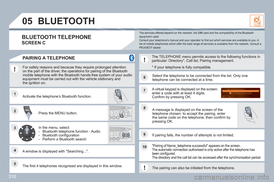 Peugeot 308 SW BL 2010.5   - RHD (UK, Australia) Owners Guide 310
11
66
22
77
44
99
55
101
33
88
Saisir code authentification
01
OK Del23456789 _
05BLUETOOTH 
   
For safety reasons and because they require prolonged attention on the part of the driver, the oper