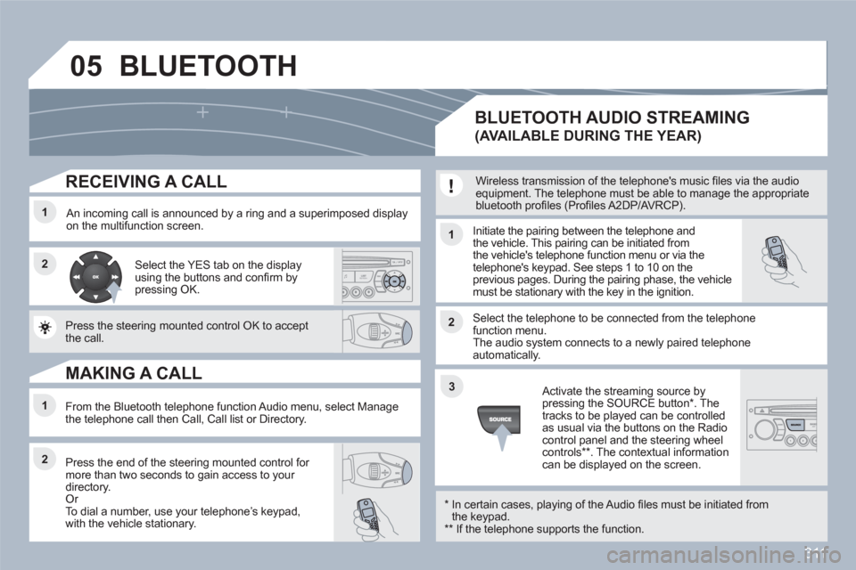 Peugeot 308 SW BL 2010.5  Owners Manual - RHD (UK, Australia) 311
05
11
22
11
22
33
22
11
   
RECEIVING A CALL
 
 
An incoming call is announced by a ring and a superimposed display on the multifunction screen.  Initiate the pairing between the telephone and the