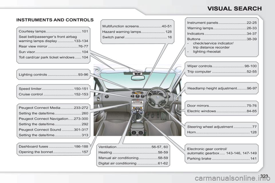 Peugeot 308 SW BL 2010.5  Owners Manual - RHD (UK. Australia)   INSTRUMENTS AND CONTROLS 
 
Courtesy lamps................................. 101 
  Seat belt/passenger’s front airbag 
warning lamps display ...............133-134 
  Rear view mirror ............