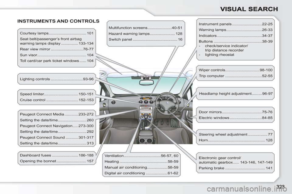 Peugeot 308 SW BL 2010.5  Owners Manual - RHD (UK, Australia)   INSTRUMENTS AND CONTROLS 
 
Courtesy lamps................................. 101 
  Seat belt/passenger’s front airbag 
warning lamps display ...............133-134 
  Rear view mirror ............