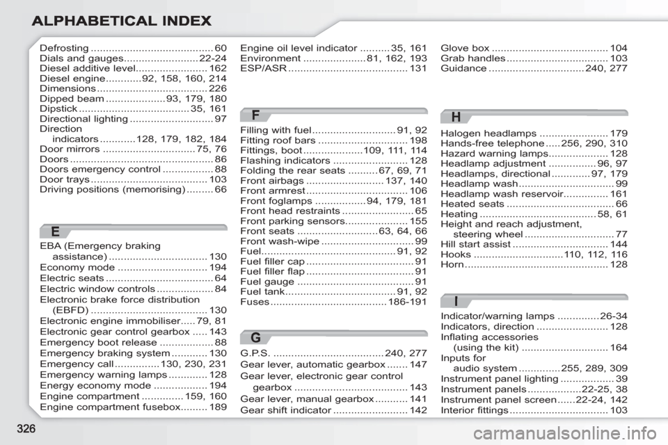 Peugeot 308 SW BL 2010.5  Owners Manual - RHD (UK. Australia) Halogen headlamps.......................179Hands-free telephone.....256,290,310Hazard warning lamps....................128Headlamp adjustment................96,97Headlamps, directional.............97,