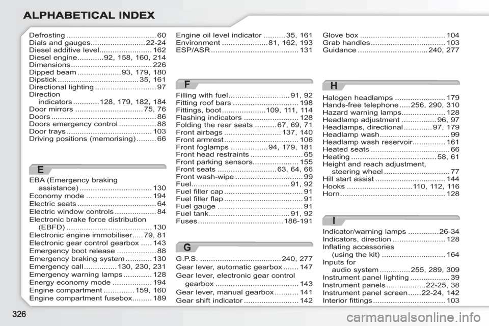 Peugeot 308 SW BL 2010.5  Owners Manual - RHD (UK, Australia) Halogen headlamps.......................179Hands-free telephone.....256,290,310Hazard warning lamps....................128Headlamp adjustment................96,97Headlamps, directional.............97,