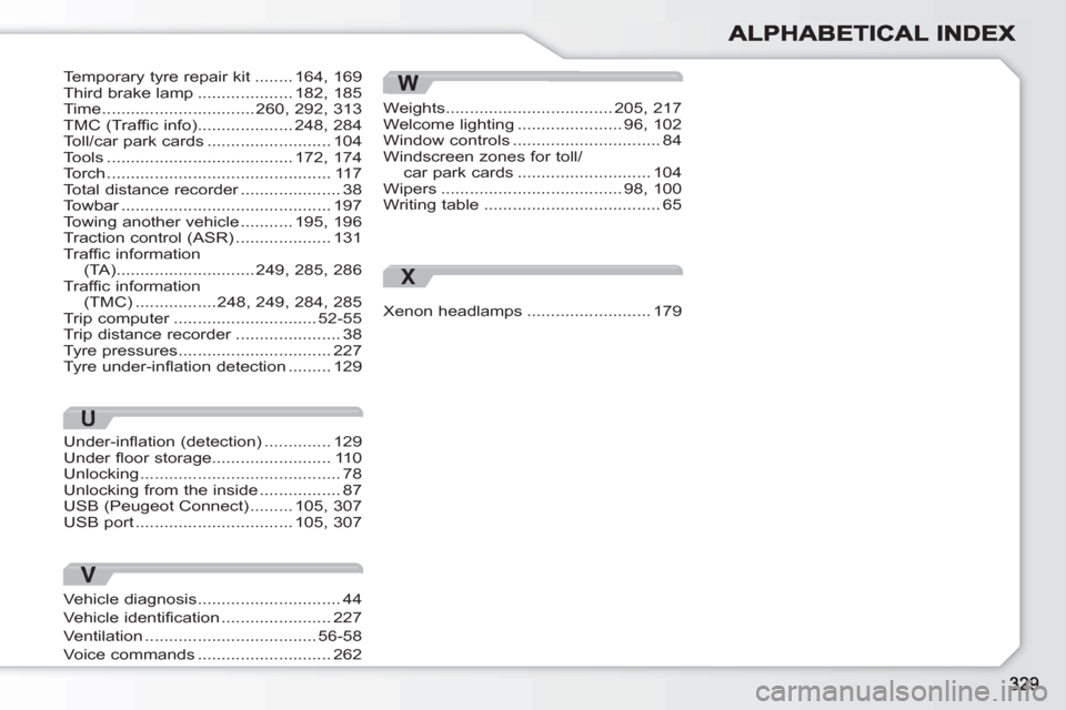 Peugeot 308 SW BL 2010.5  Owners Manual - RHD (UK, Australia) W
Weights...................................205, 217Welcome lighting......................96, 102Window controls...............................84Windscreen zones for toll/car park cards...............