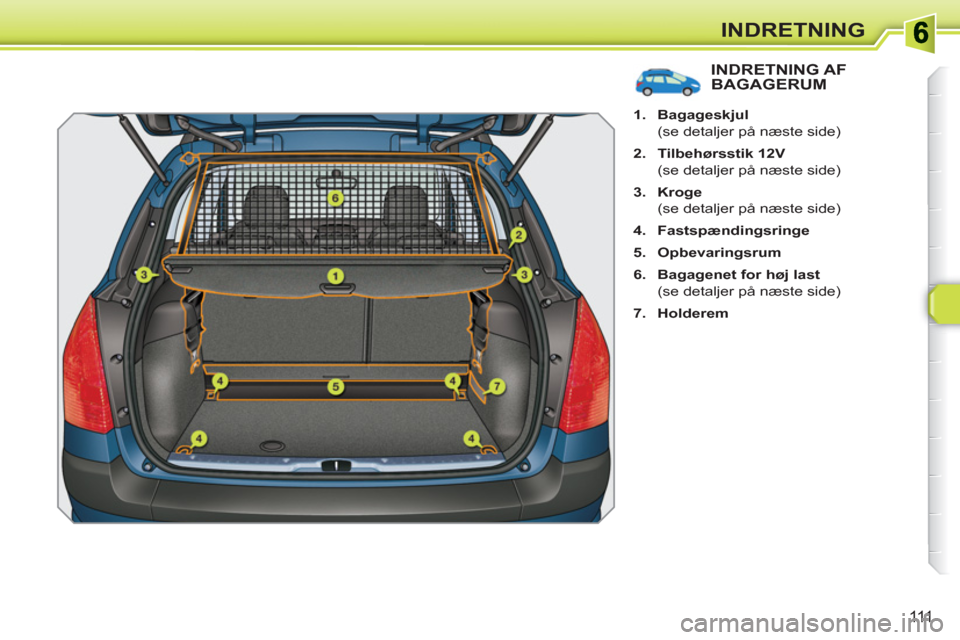 Peugeot 308 SW BL 2010.5  Instruktionsbog (in Danish) 111
INDRETNING
   
 
 
 
 
 
 
 
 
 
 
 
INDRETNING AFBAGAGERUM 
 
 
 
1. 
  Bagageskjul 
 
 
  (se detaljer på næste side) 
   
2. 
  Tilbehørsstik 12V 
 
 
  (se detaljer på næste side) 
   
3.